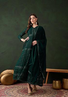 Green Embroidered Faux Georgette Kurta Set