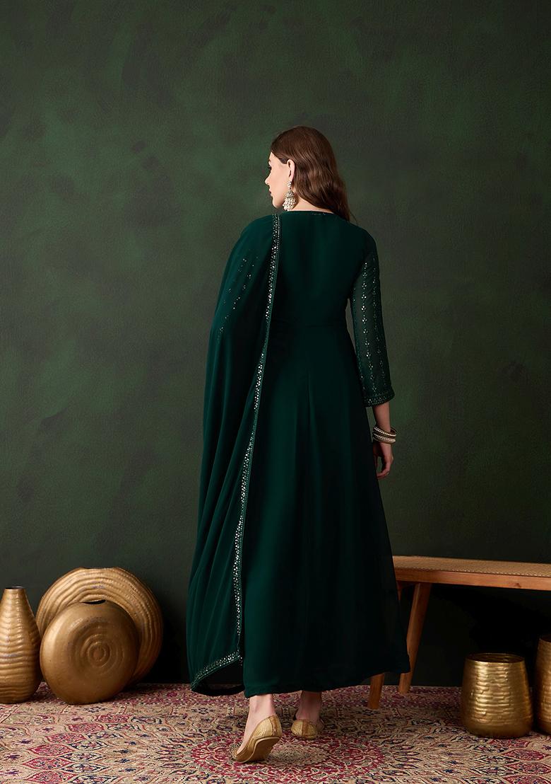 Green Embroidered Faux Georgette Kurta Set