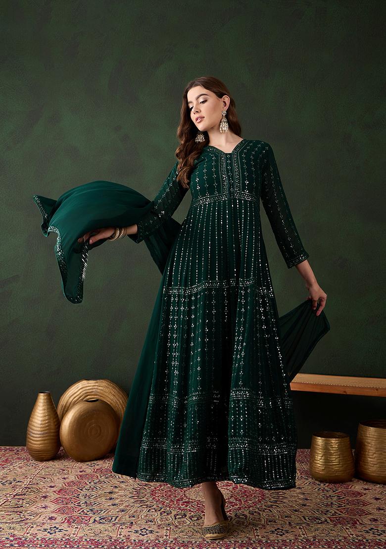 Green Embroidered Faux Georgette Kurta Set
