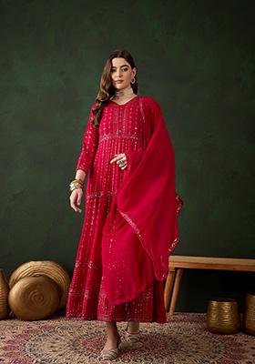 Pink Embroidered Faux Georgette Kurta Set