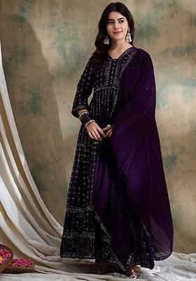 Purple Embroidered Faux Georgette Kurta Set