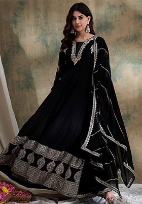 Black Embroidered Faux Georgette Gown With Dupatta