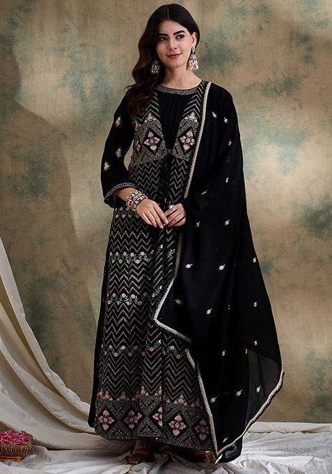 Black Embroidered Faux Georgette Kurta Set