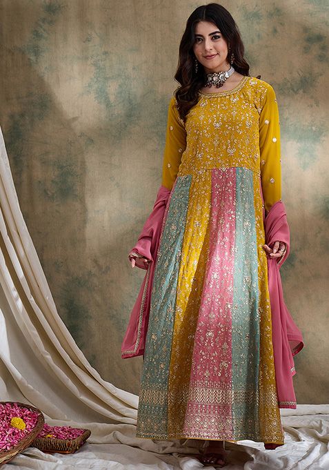 Yellow Embroidered Faux Georgette Gown With Dupatta