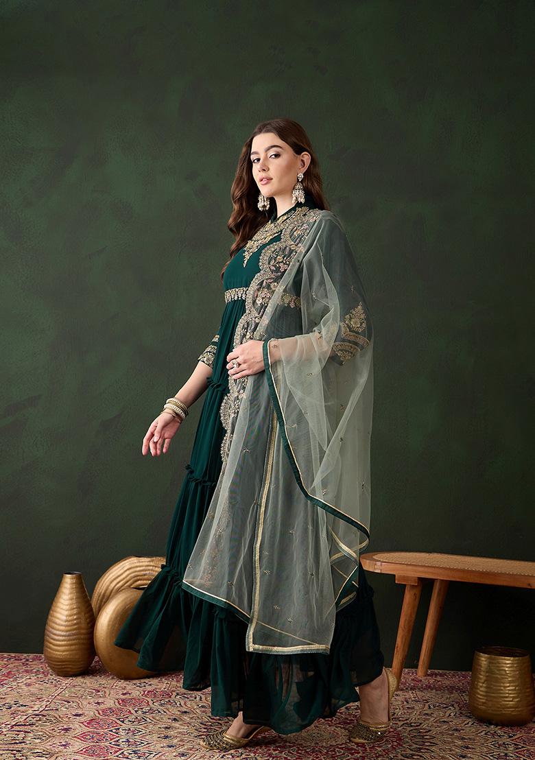 Green Embroidered Faux Georgette Gown With Dupatta