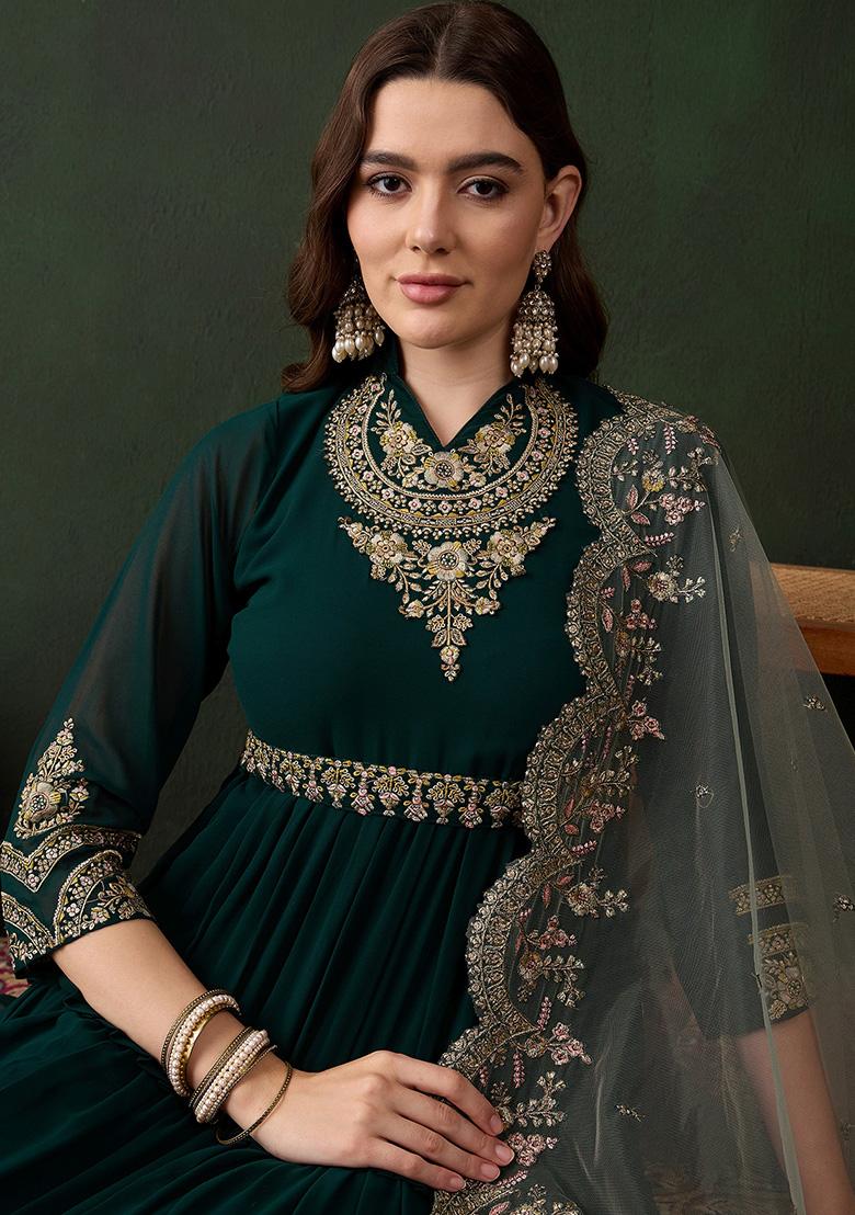 Green Embroidered Faux Georgette Gown With Dupatta