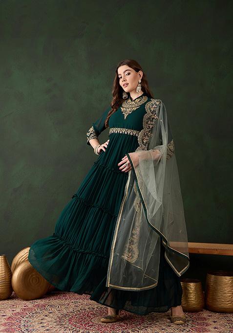 Green Embroidered Faux Georgette Gown With Dupatta