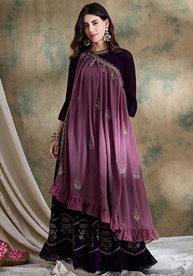 Purple Embroidered Faux Georgette Gown With Dupatta