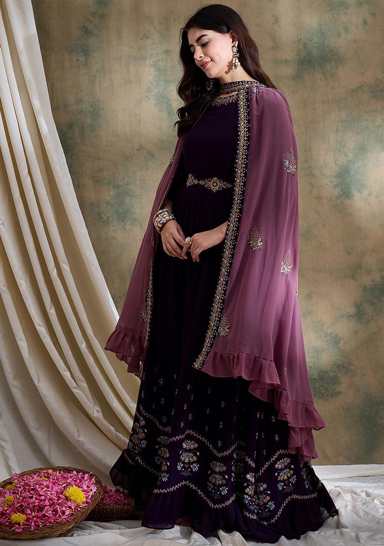 Purple Embroidered Faux Georgette Gown With Dupatta