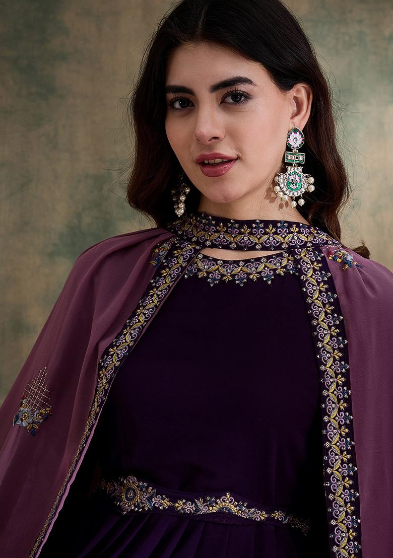 Purple Embroidered Faux Georgette Gown With Dupatta