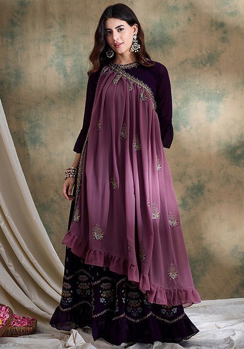 Purple Embroidered Faux Georgette Gown With Dupatta