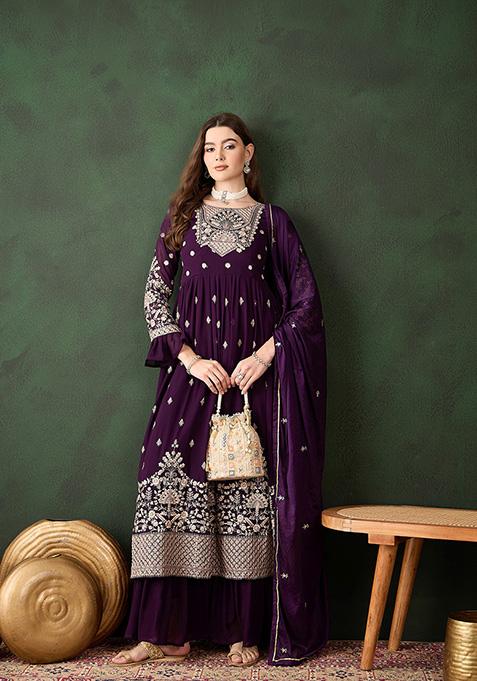 Purple Embroidered Faux Georgette Sharara Set