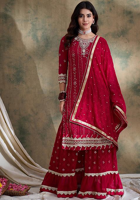 Pink Embroidered Faux Georgette Sharara Set