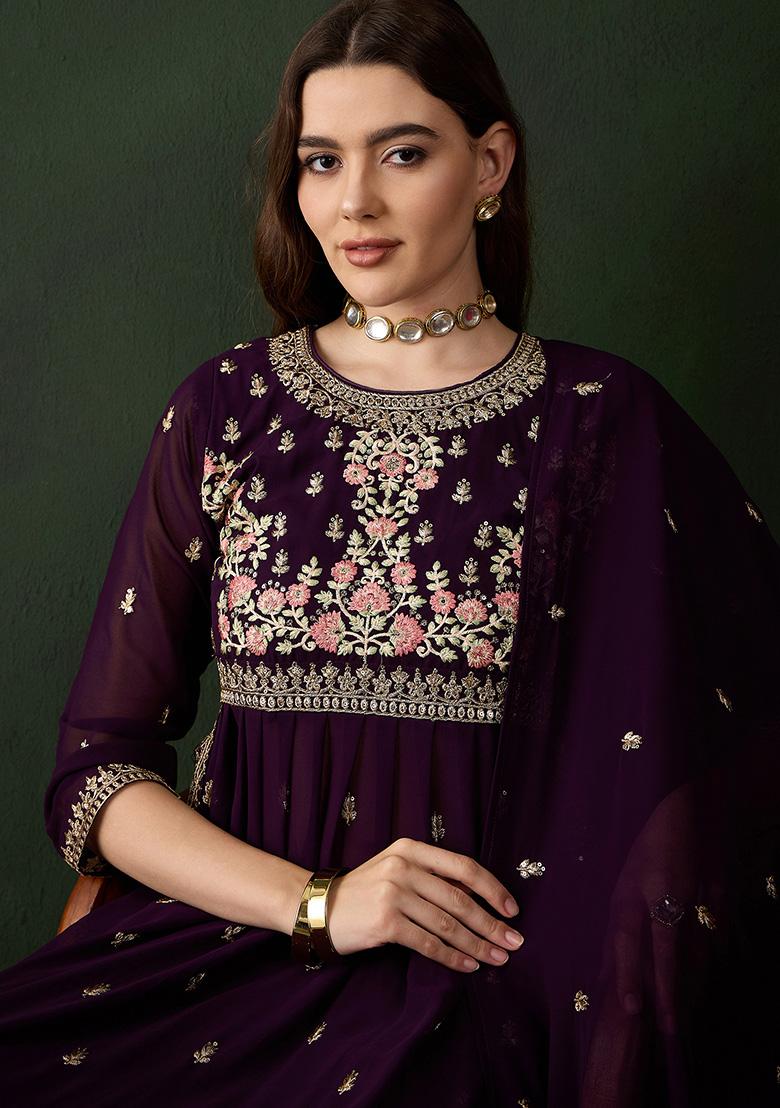 Purple Embroidered Faux Georgette Kurta Set