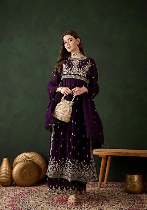 Purple Embroidered Faux Georgette Kurta Set