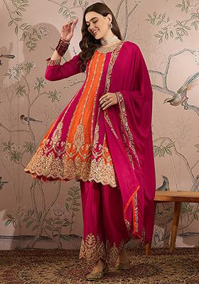 Pink Embroidered Chinon Kurta Set