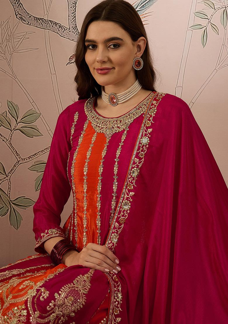 Pink Embroidered Chinon Kurta Set