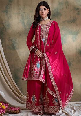 Pink Embroidered Chinon Kurta Set