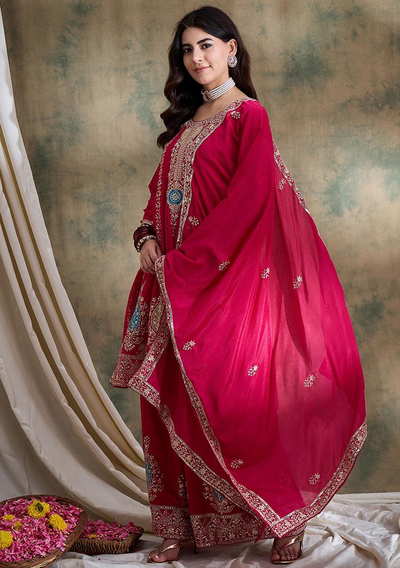 Pink Embroidered Chinon Kurta Set