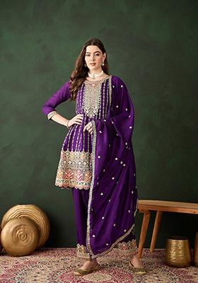 Purple Embroidered Chinon Kurta Set