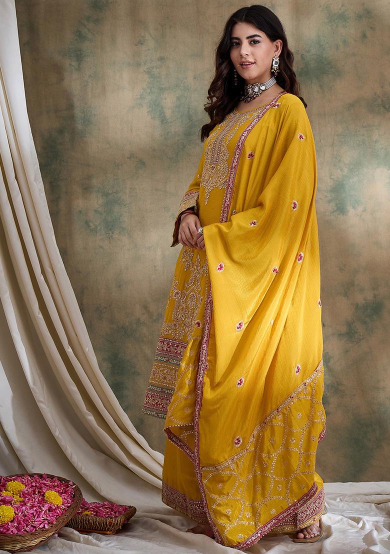Yellow Embroidered Chinon Kurta Set