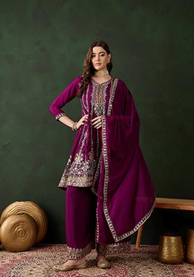 Purple Embroidered Chinon Kurta Set