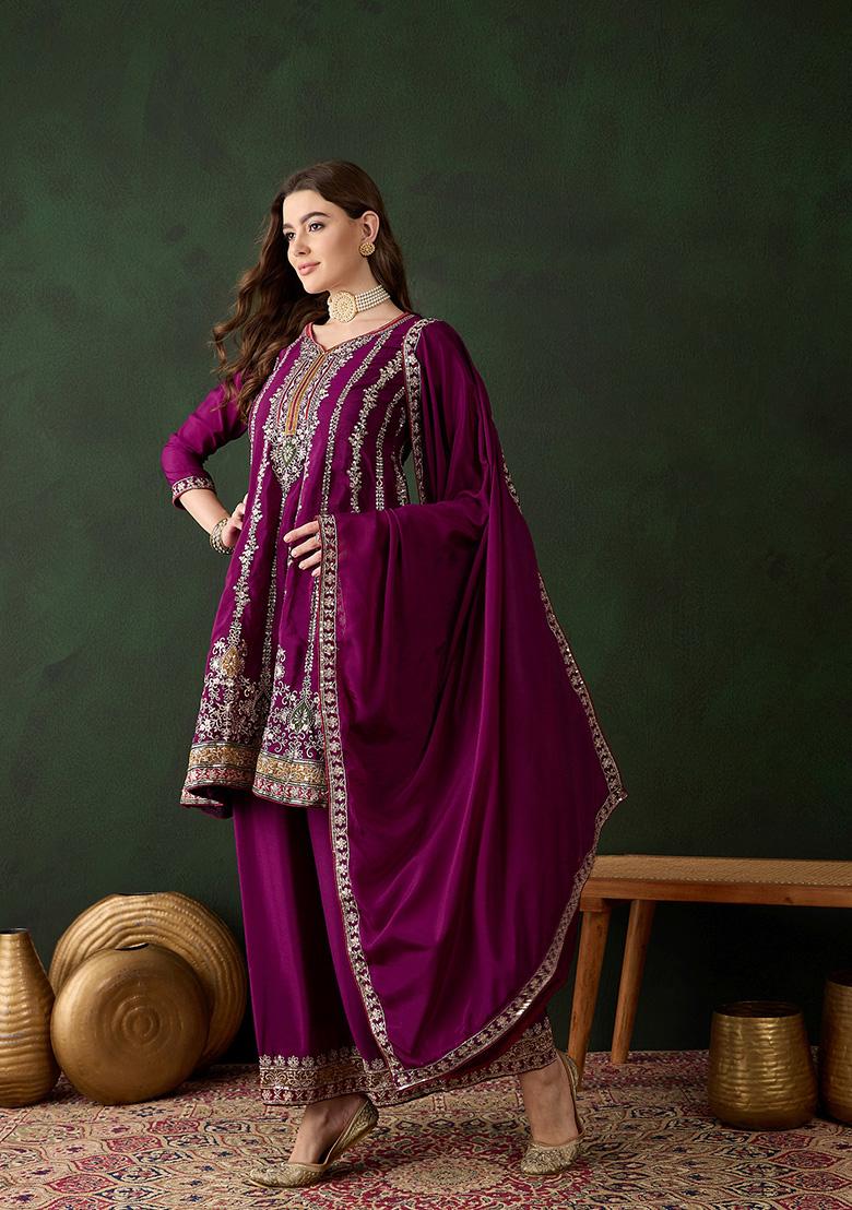 Purple Embroidered Chinon Kurta Set