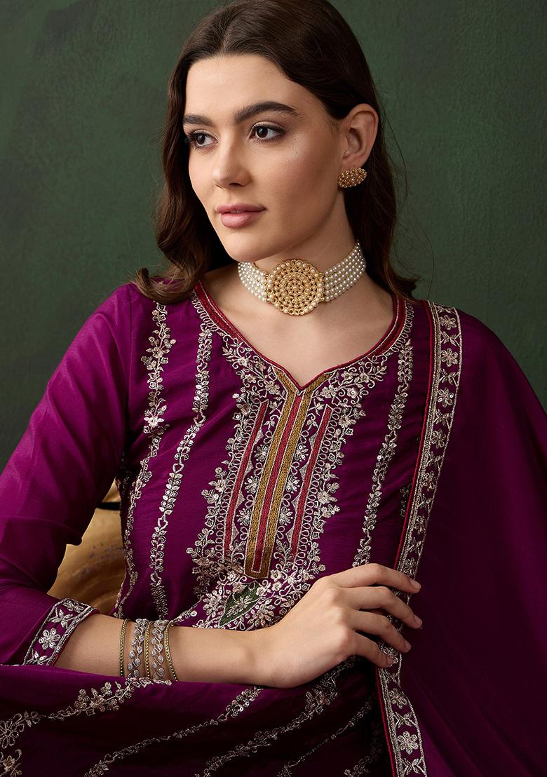 Purple Embroidered Chinon Kurta Set