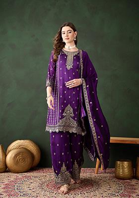 Purple Embroidered Vichitra Silk Kurta Set