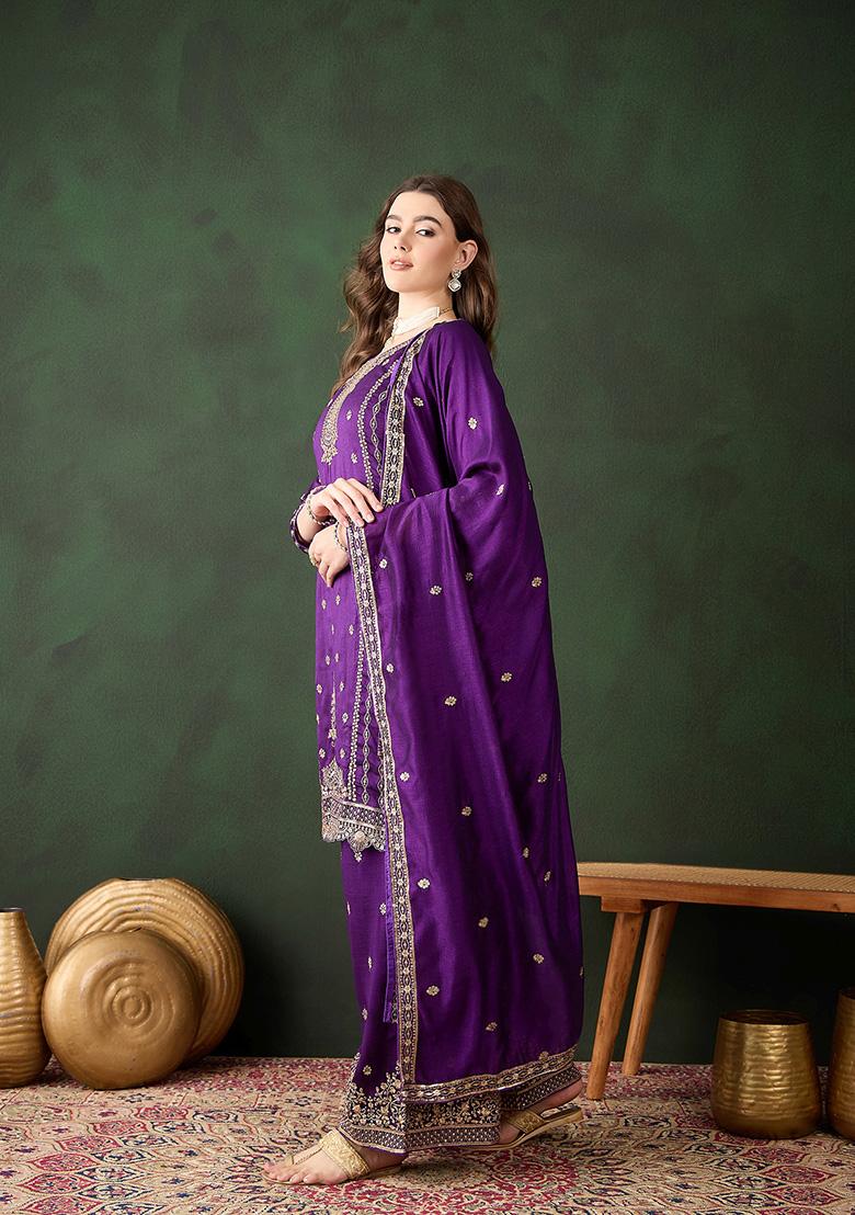 Purple Embroidered Vichitra Silk Kurta Set