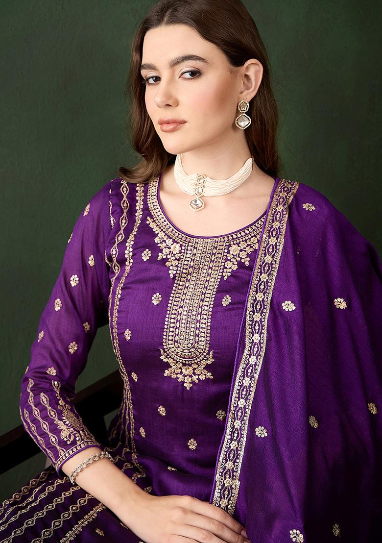 Purple Embroidered Vichitra Silk Kurta Set