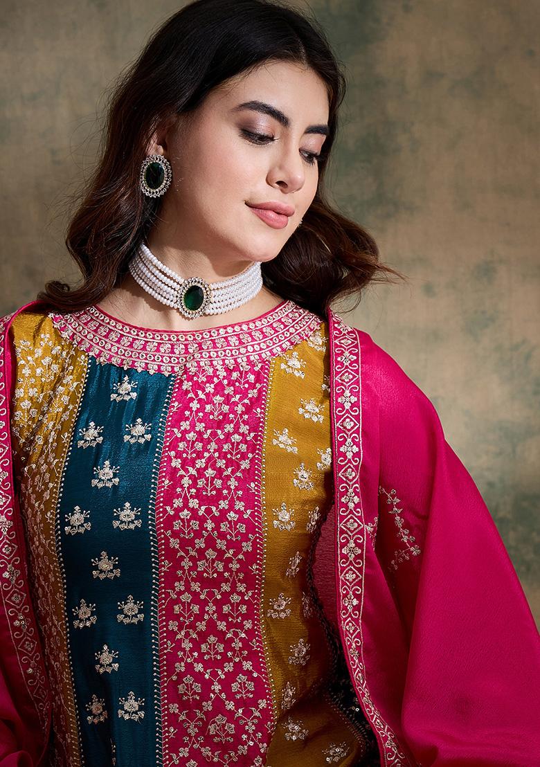 Pink Embroidered Chinon Kurta Set