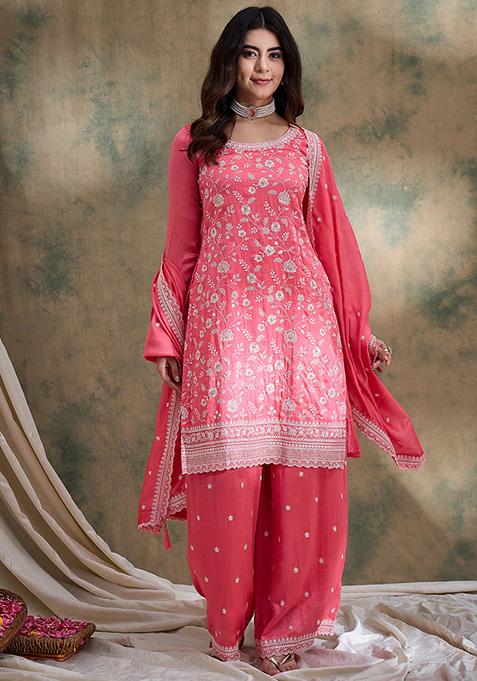 Light Pink Embroidered Vichitra Silk Kurta Set