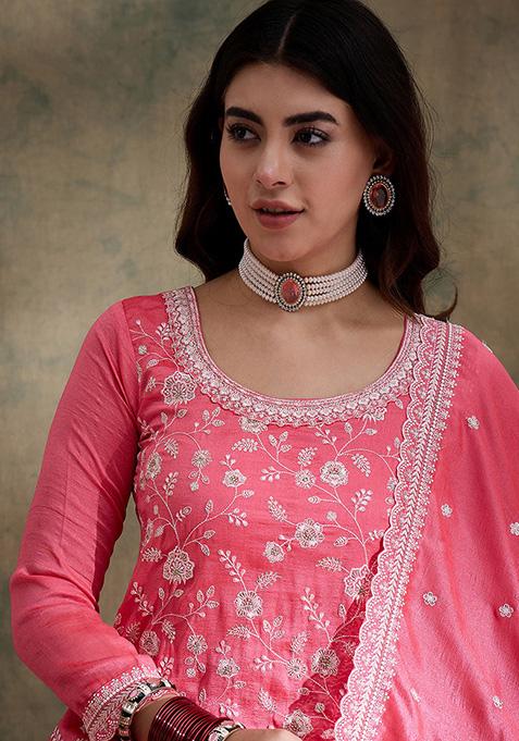 Women's Pink Vichitra Silk Embroidery Straight Kurta Pant With Dupatta