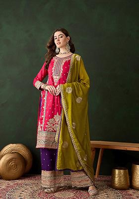 Pink And Purple Embroidered Vichitra Silk Kurta Set