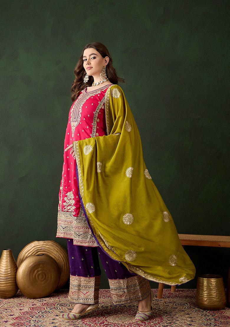 Pink And Purple Embroidered Vichitra Silk Kurta Set