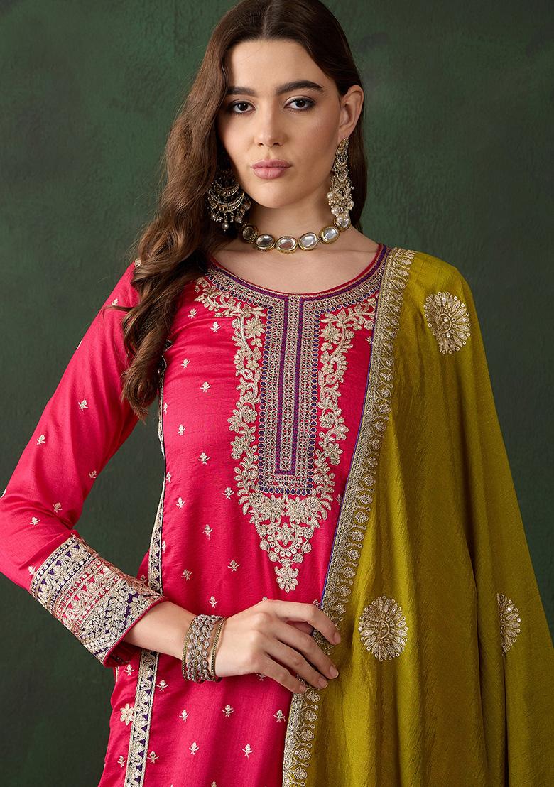 Pink And Purple Embroidered Vichitra Silk Kurta Set