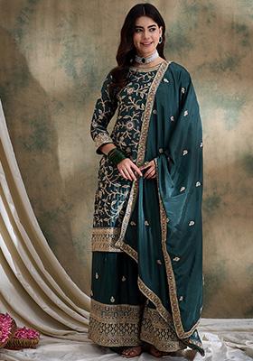 Green Embroidered Chinon Kurta Set