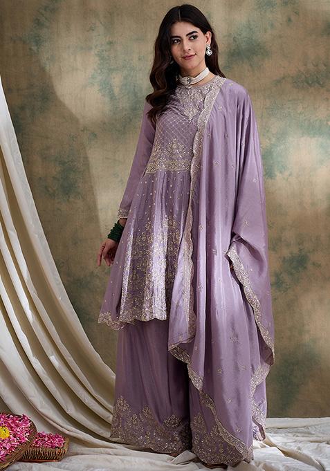 Light Purple Embroidered Chinon Kurta Set