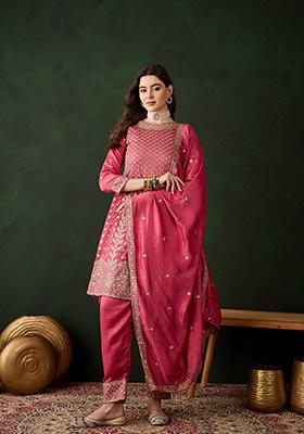 Pink Embroidered Vichitra Silk Kurta Set