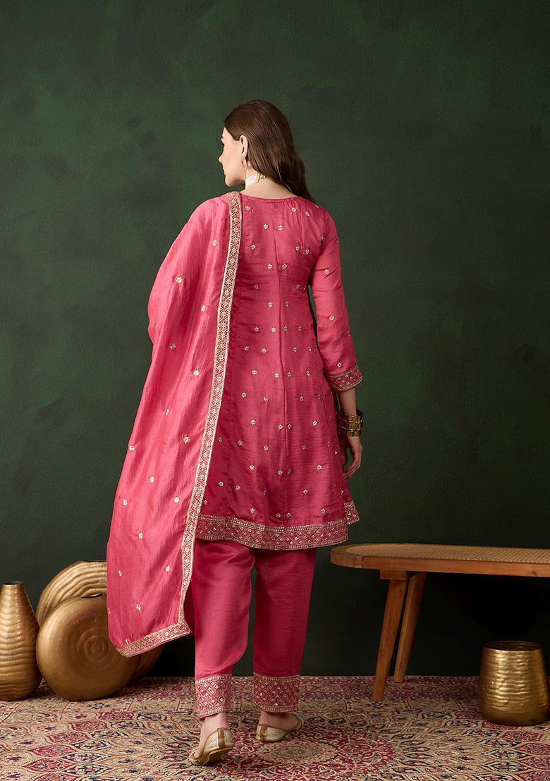 Pink Embroidered Vichitra Silk Kurta Set