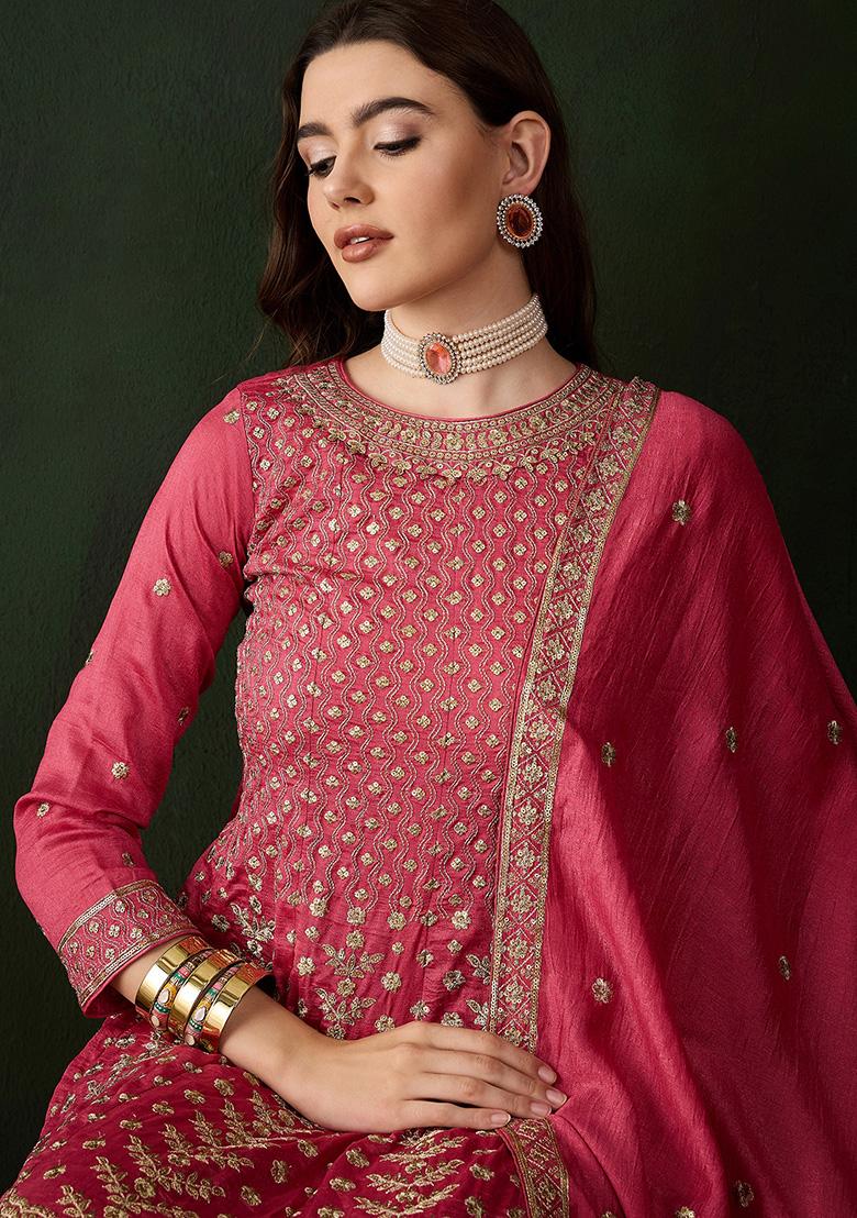 Pink Embroidered Vichitra Silk Kurta Set