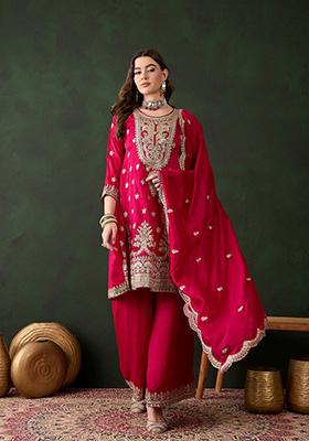Pink Embroidered Vichitra Silk Kurta Set