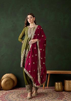 Mehendi Embroidered Chinon Kurta Set