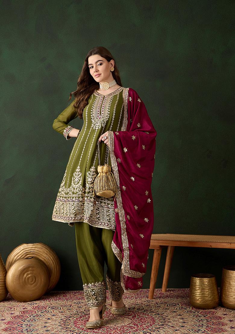 Mehendi Embroidered Chinon Kurta Set