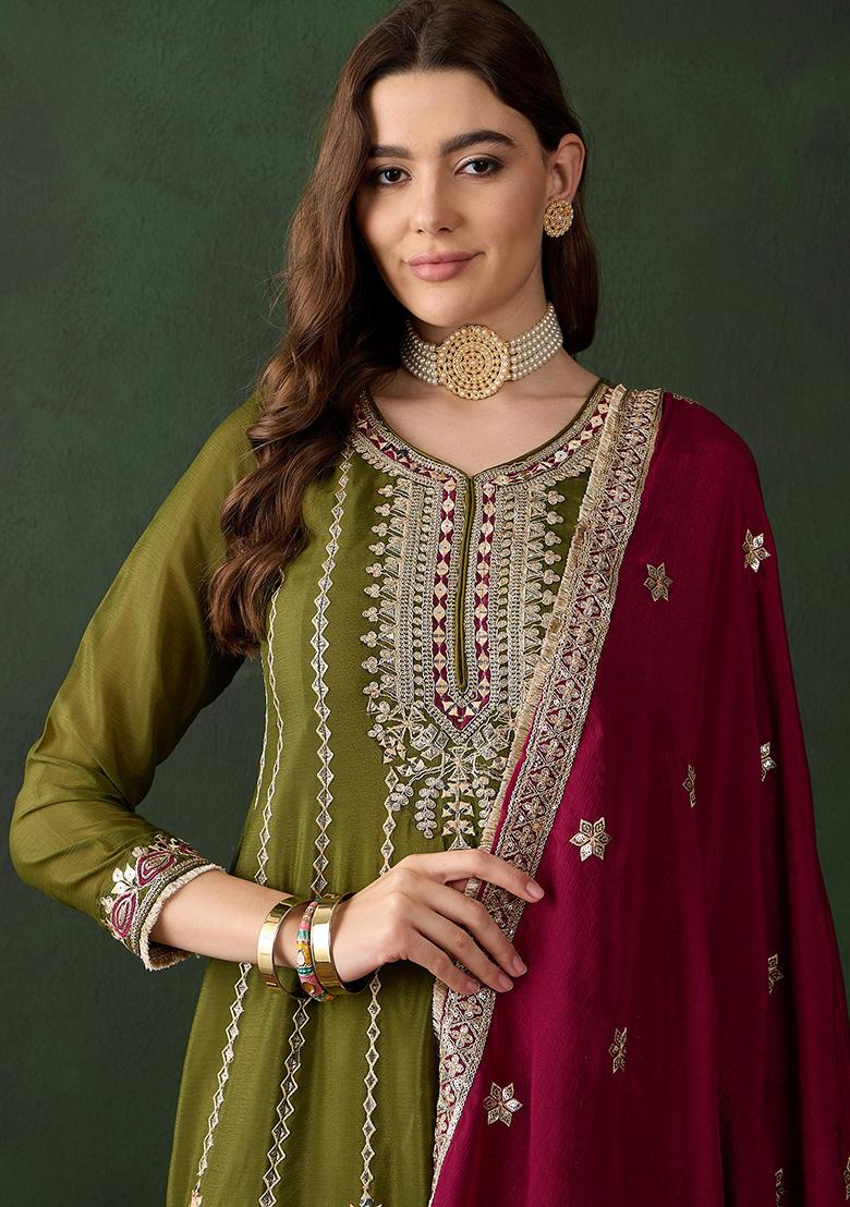 Mehendi Embroidered Chinon Kurta Set