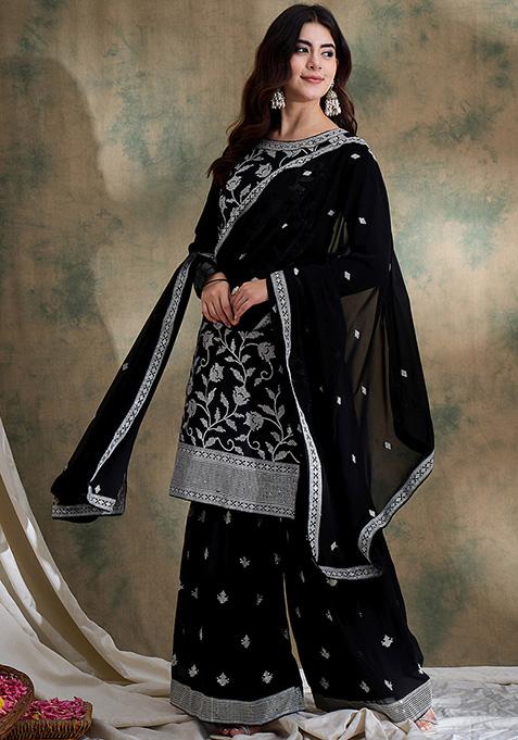 Black Embroidered Faux Georgette Sharara Set