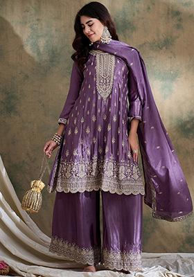 Purple Embroidered Chinon Kurta Set