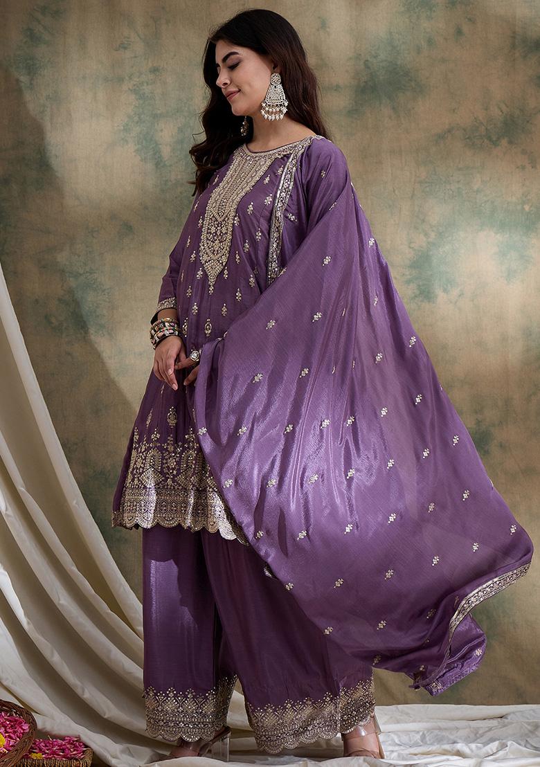 Purple Embroidered Chinon Kurta Set