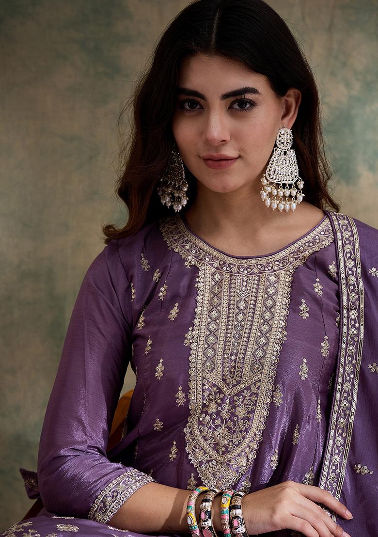 Purple Embroidered Chinon Kurta Set